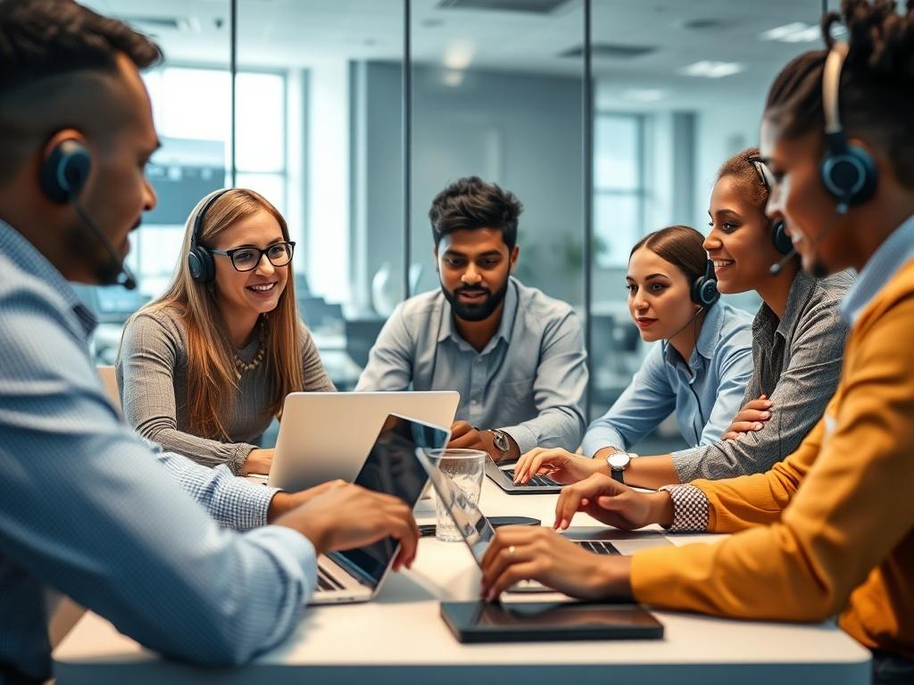 A close-up shot of an IT support team collaborating in a conference room, discussing strategies with laptops and digital devices on the table. The team is diverse and engaged, showcasing a professional and collaborative environment. The background features modern office design elements to convey a sense of innovation.