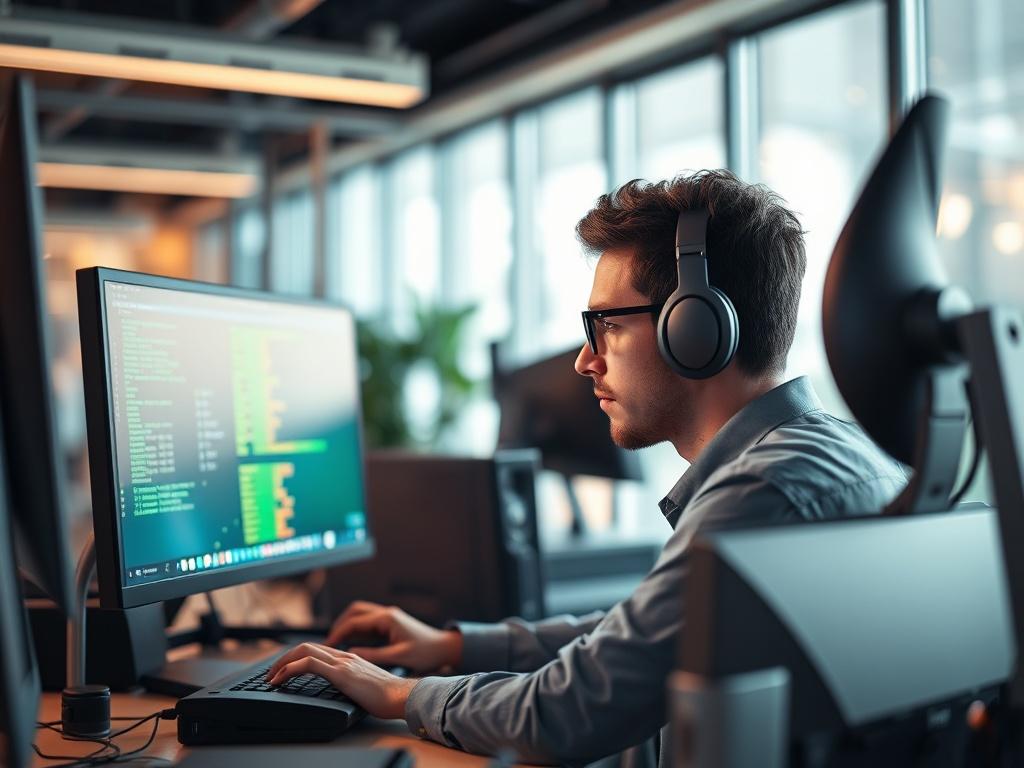 A close up shot of a focused IT professional working