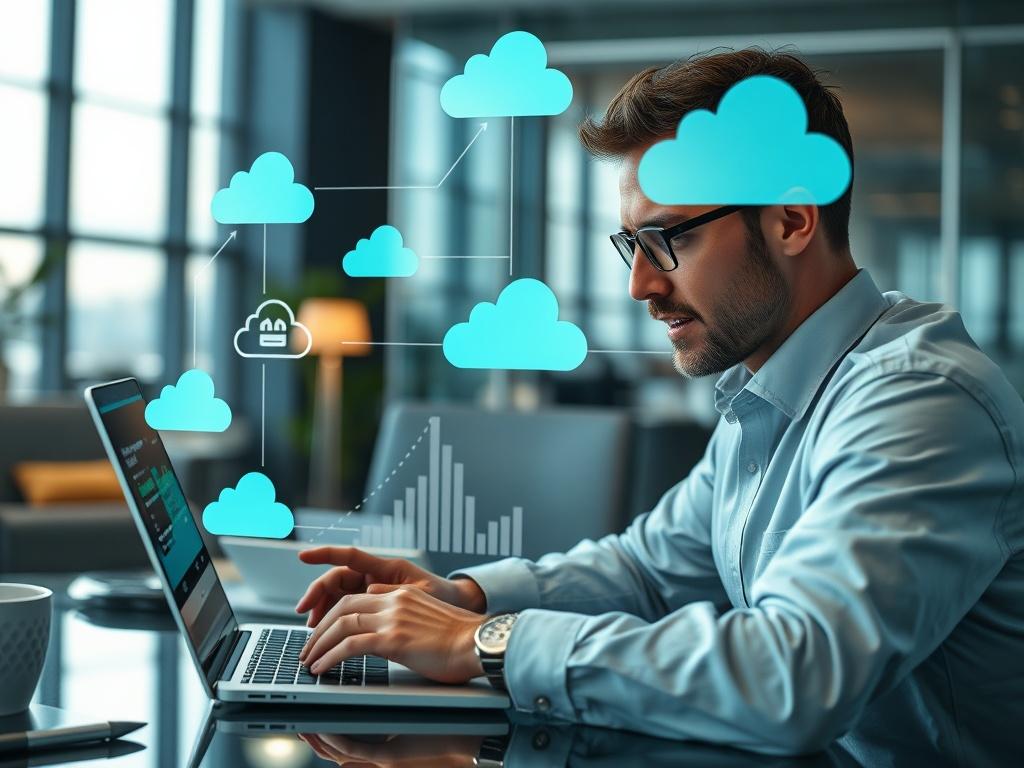 A close up shot of a cloud computing expert analyzing