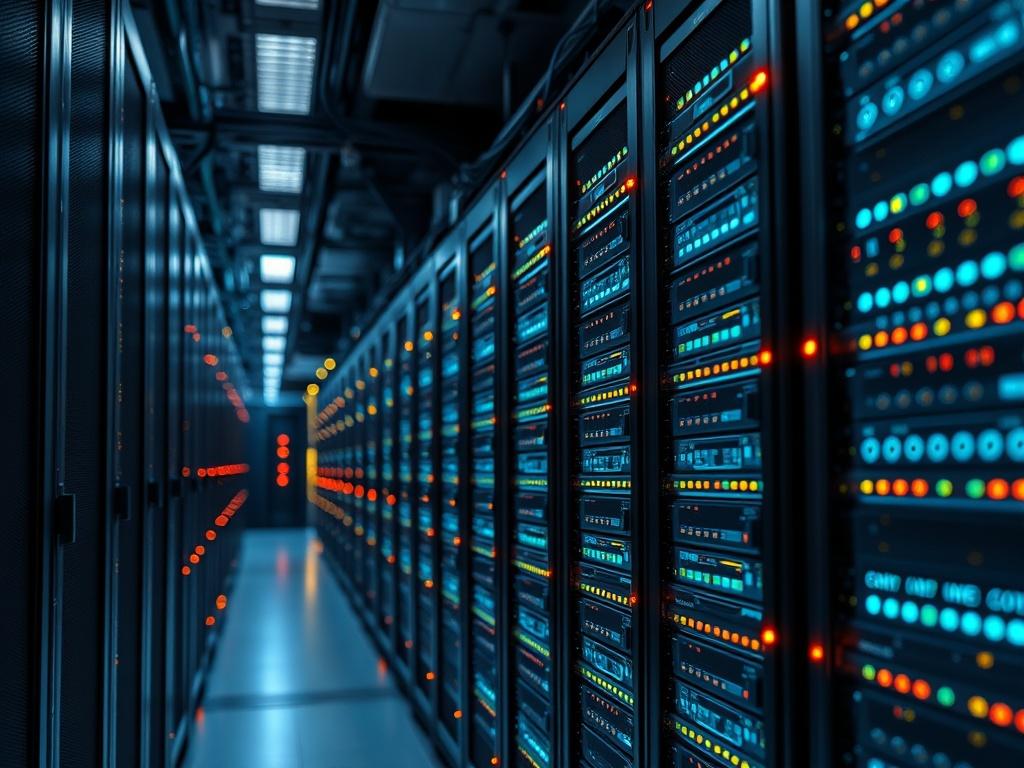 A close-up shot of a high-tech server room with rows of server racks, glowing lights, and cables, symbolizing robust IT infrastructure and security. The image should focus on the technology, with a color scheme that includes rgb(50, 170, 39) to reflect innovation and reliability.