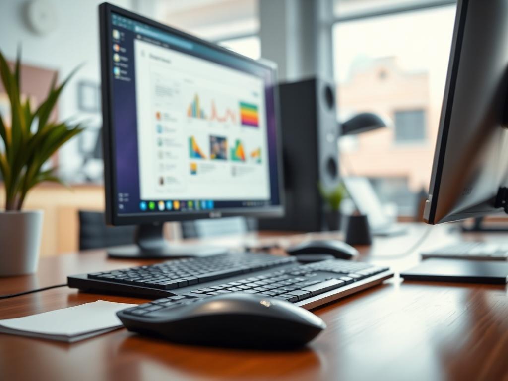 A close-up shot of a modern office setup featuring a sleek computer, keyboard, and mouse, with a background of soft-focus office elements. The color scheme should reflect rgb(50, 170, 39), showcasing a vibrant and professional atmosphere. The lighting is bright and inviting, emphasizing the technology and efficiency of the workspace.