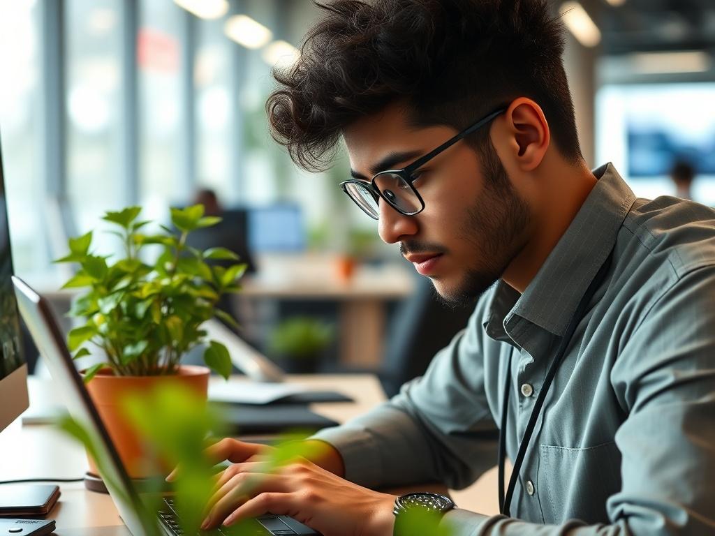 A close-up shot of a professional IT technician working on a laptop in a bustling office environment, with a vibrant green desk plant in the background, symbolizing growth and efficiency. The setting should convey productivity and modern technology, with a color palette of rgb(50, 170, 39) enhancing the professional feel.