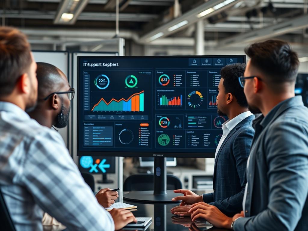 A hyper-realistic close-up shot of a sophisticated IT support dashboard on a large monitor, surrounded by a diverse group of professionals discussing technology solutions. The background showcases a corporate office setting with advanced tech equipment.