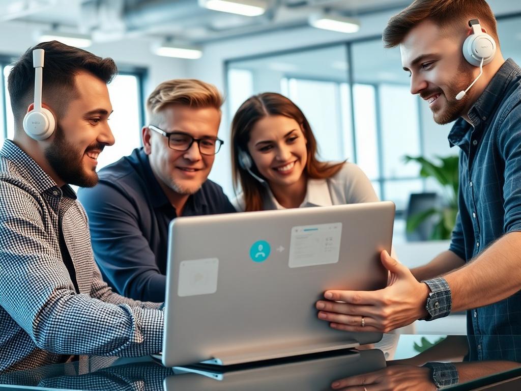 A hyper-realistic close-up shot of a team collaborating over a laptop, with a visible remote IT support interface on the screen. The background features a modern office environment, highlighting teamwork and professional IT assistance.