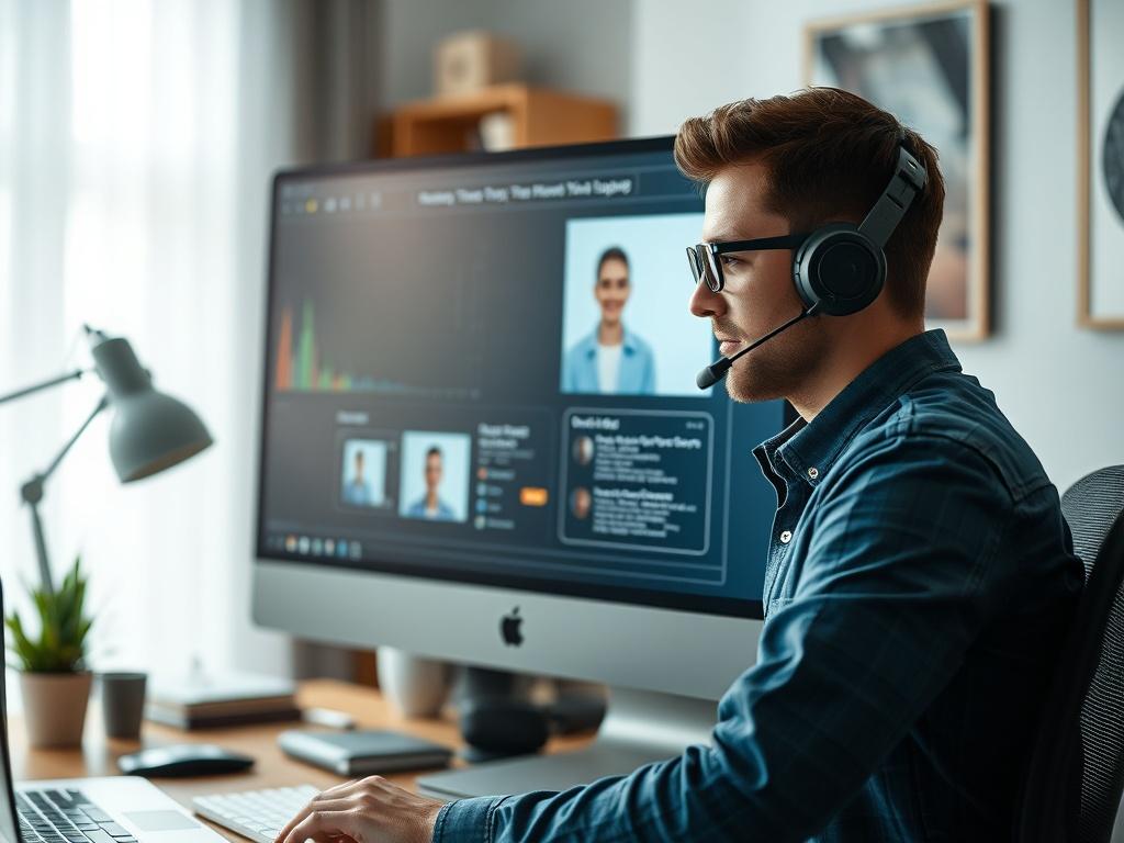 A hyper-realistic close-up shot of a computer screen displaying a friendly IT support interface, featuring a tech-savvy individual assisting a client remotely. The background shows a comfortable home office setting with soft lighting, emphasizing the ease of remote IT support.