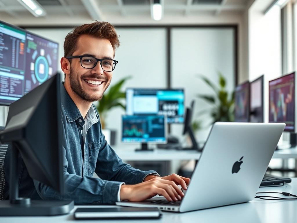 A focused portrait of an IT professional in a modern office environment, showcasing a confident and approachable demeanor. The individual is working on a laptop with a bright smile, surrounded by high-tech gadgets and screens displaying various technology interfaces. The background is a clean, organized workspace with soft lighting, creating a professional yet welcoming atmosphere. The color scheme reflects rgb(50, 170, 39), enhancing the overall visual appeal.