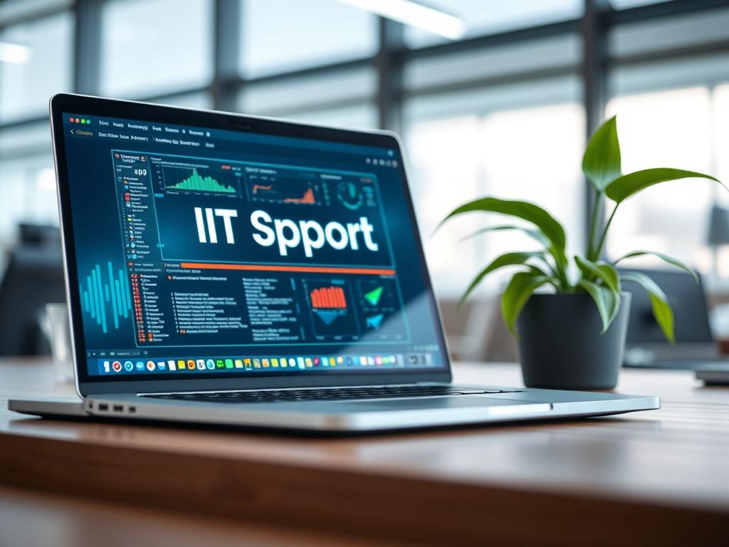 A hyper-realistic close-up shot of a modern office desk with a sleek laptop open, displaying a vibrant digital interface related to IT support. The background is softly blurred, showcasing a bright and professional workspace with a green plant to the side, symbolizing growth and innovation. The overall color palette includes a focus on the rgb(50, 170, 39) primary color.