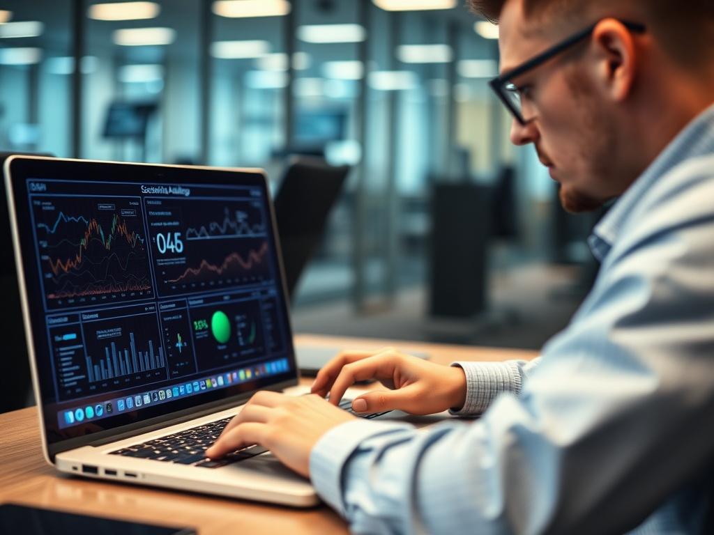 A close-up shot of a cybersecurity analyst reviewing data on a laptop. The analyst should look focused, with multiple security graphs and data visualizations displayed on the screen. The background should be a softly blurred high-tech office environment, emphasizing the security analysis process. Use hyper-realistic rendering for a professional appearance.