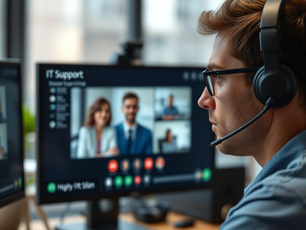 A close-up shot of a computer screen displaying a remote IT support session in progress. The image should capture a technician assisting a client through video call, with a focused expression on the technician's face. The background should be softly blurred to emphasize the interaction. Use hyper-realistic rendering to convey a sense of professionalism and technology.