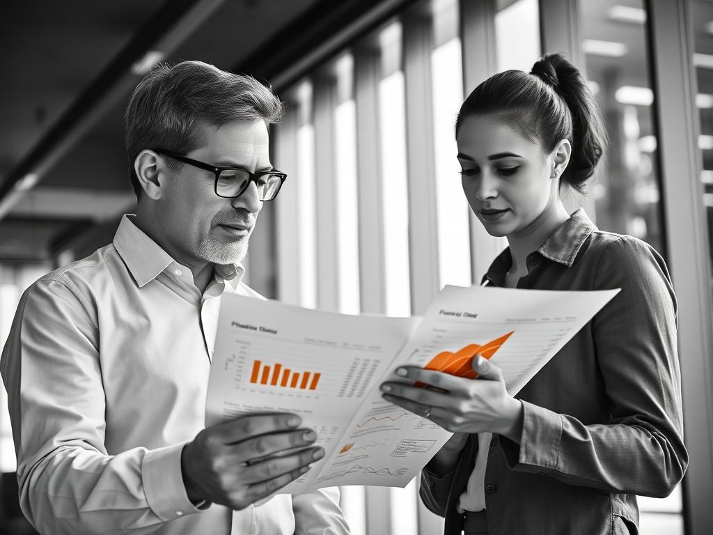 A realistic high-resolution photo of a business consultant reviewing financial documents with a client in a modern office setting. The consultant is a middle-aged professional with glasses, looking focused and engaged. The client is a young professional, taking notes. The background features a sleek office environment with large windows allowing natural light to filter in. The overall image is in black and white, but the financial documents have an orange accent, highlighting key data points.