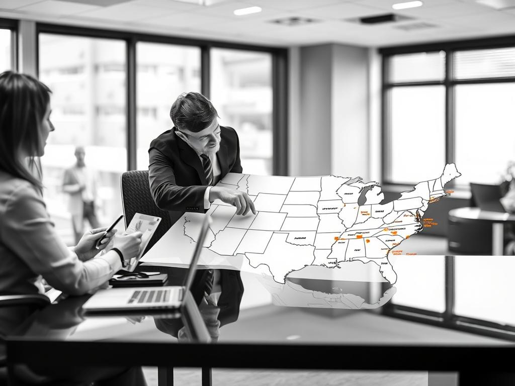 A realistic high-resolution photo featuring a business consultant discussing corporate expansion strategies with a client in a modern office setting. The consultant is seated at a sleek black desk, pointing at a map of the United States spread out in front of them. The client appears engaged, taking notes, with a laptop open nearby. The background is a softly blurred office environment with large windows allowing natural light to flood in. The overall image is primarily black and white, but the map has a su