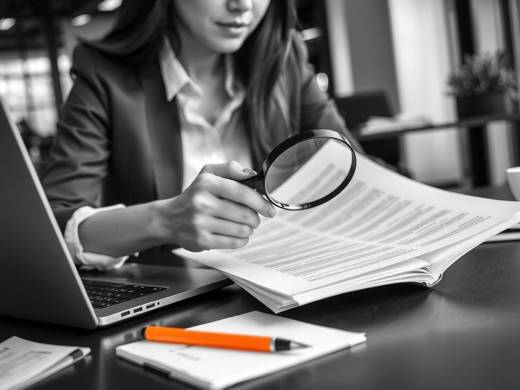 A close up of a consultant analyzing documents with a