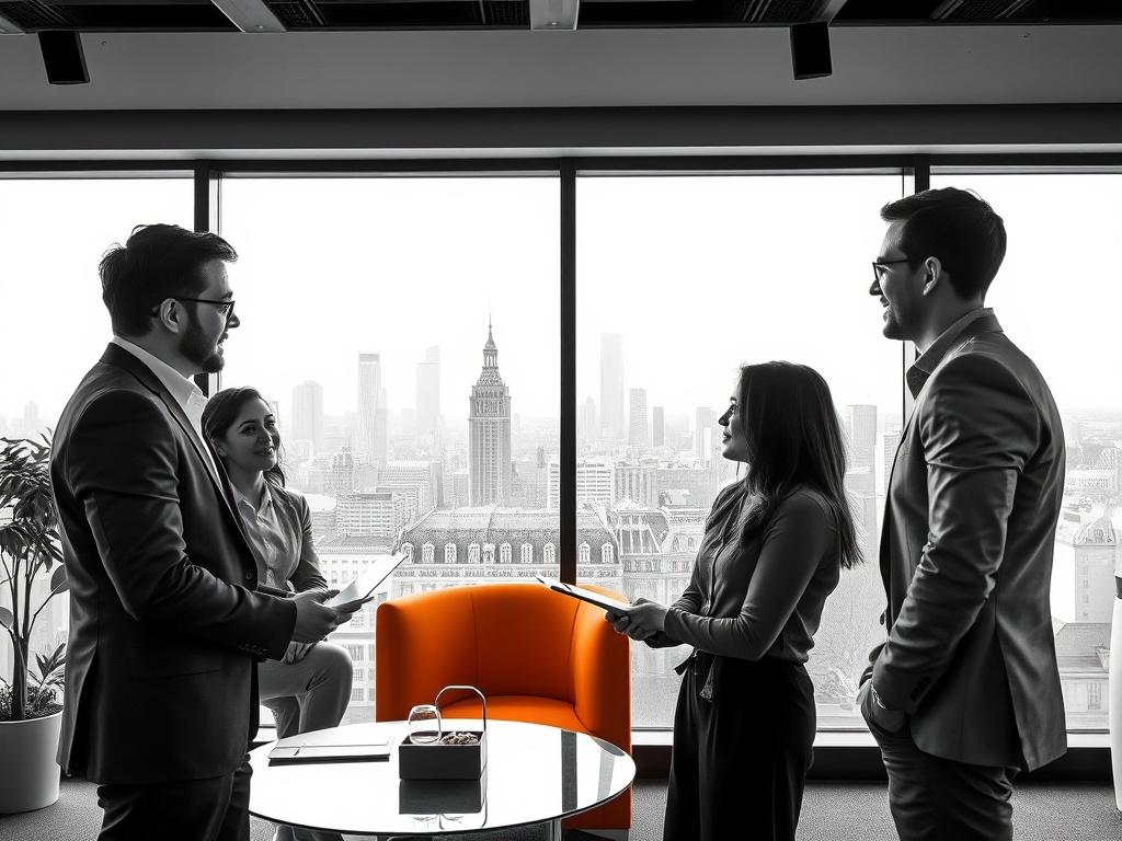 A realistic high-resolution photo of a business consultant discussing corporate expansion strategies with a diverse group of professionals in a modern office setting. The background should feature a large window showcasing a European city skyline, maintaining a black and white aesthetic with a subtle orange accent in the decor or furnishings, such as a piece of artwork or a decorative item. The composition should be simple and clear, focusing on the engaged expressions of the people involved in the discussi