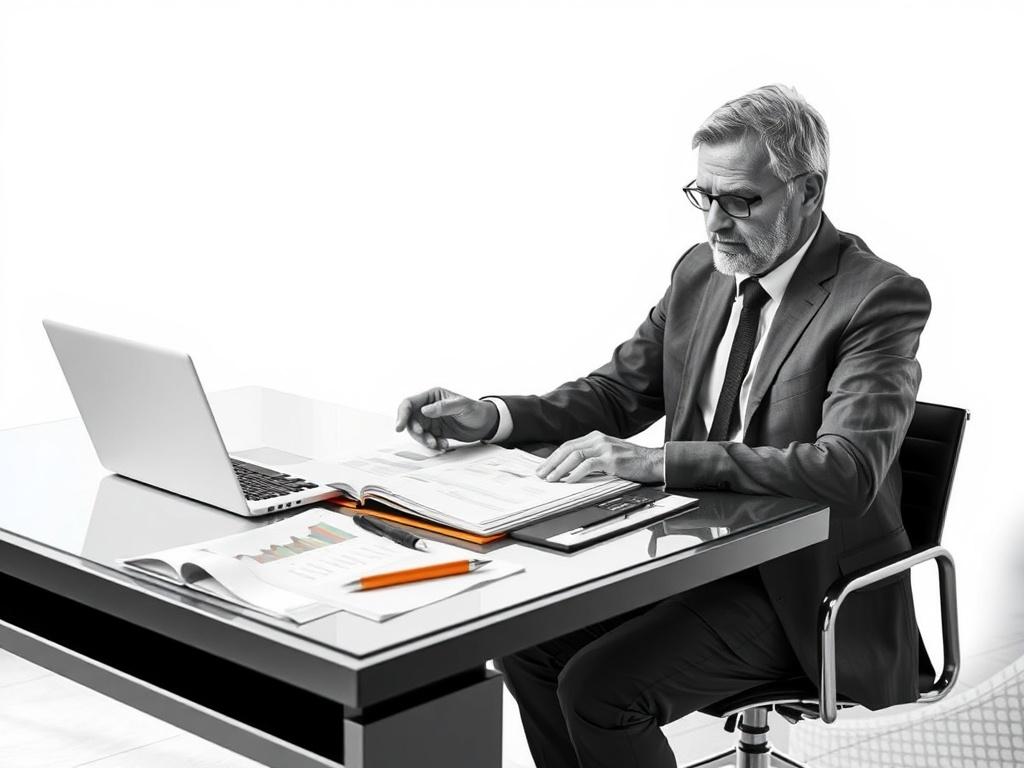 A realistic high-resolution black and white image depicting a professional consultant working with a client over a document. The consultant is a middle-aged person, dressed in business attire, sitting at a sleek modern desk. The desk is clutter-free, with a laptop open, displaying graphs and charts. There’s a book on the table, featuring an orange accent to match the overall theme, alongside a pen and a notepad. The background is minimalistic, creating a professional atmosphere.