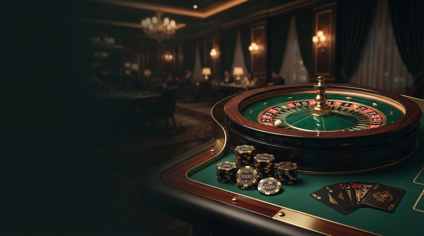 An emerald roulette wheel and gold casino tokens in warm light