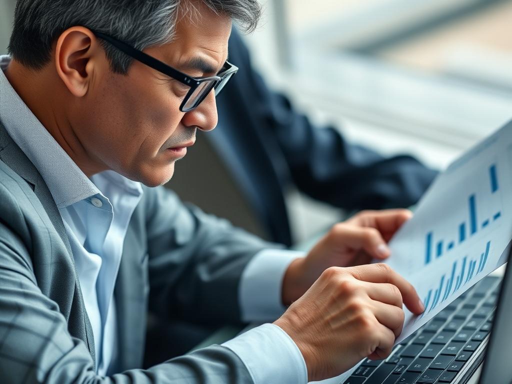 A close-up shot of a business professional reviewing supplier contracts with a focused expression, surrounded by financial documents and a laptop. The scene conveys a sense of determination and strategic planning.