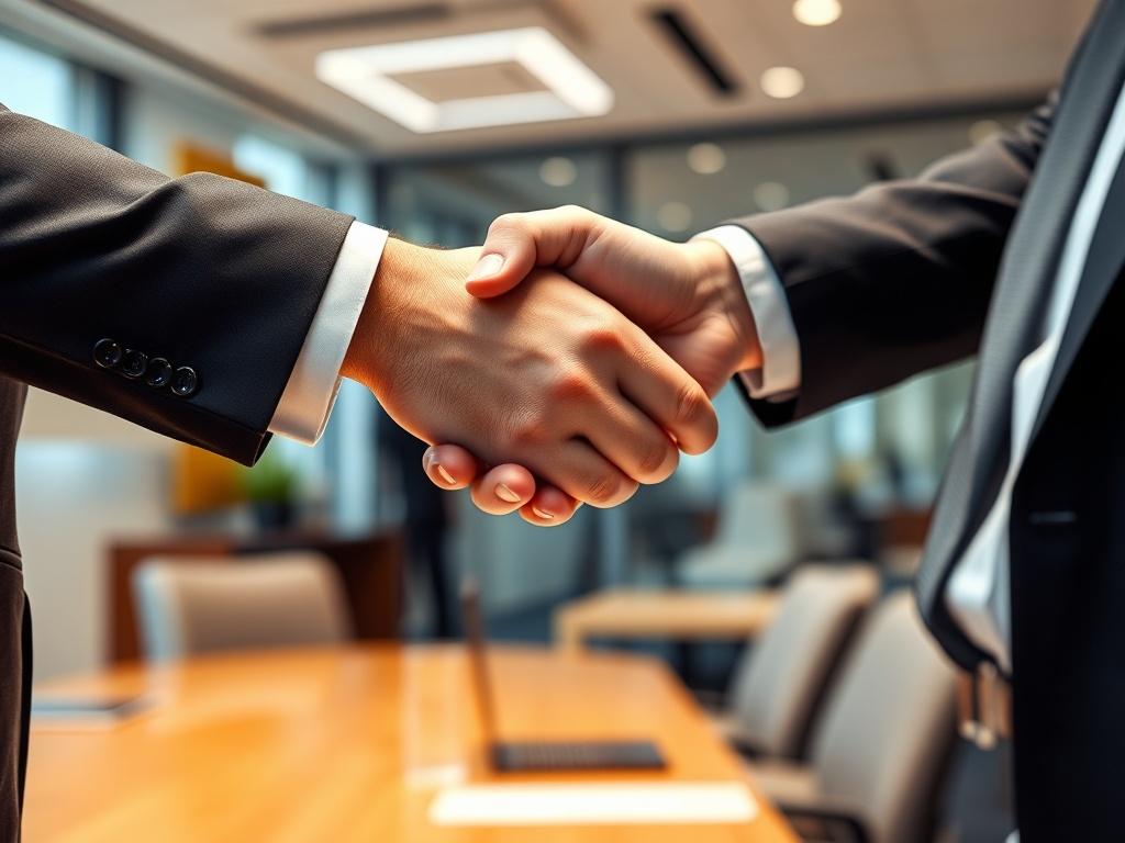 A close-up shot of two business executives shaking hands, symbolizing a successful merger or acquisition. The background features a high-end office setting, showcasing a sense of professionalism and accomplishment.