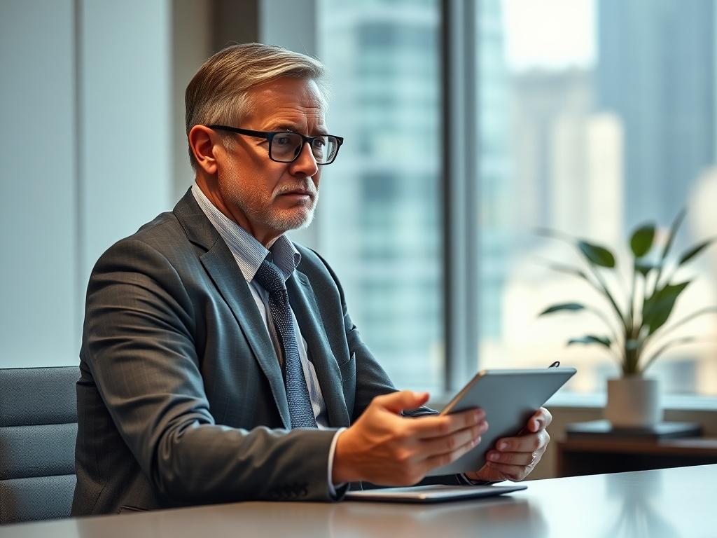 Create a highly detailed and realistic high-resolution image that encapsulates the essence of the blog titled "Common Mistakes Founders Make When Selling an eCommerce Brand for the First Time". 

**Composition & Subject Matter**: The image should feature a sophisticated, confident entrepreneur, a middle-aged male or female in business attire, sitting at a sleek, modern desk. They should be holding a tablet or a digital planner, looking contemplative yet focused, representing the strategic thinking involved 