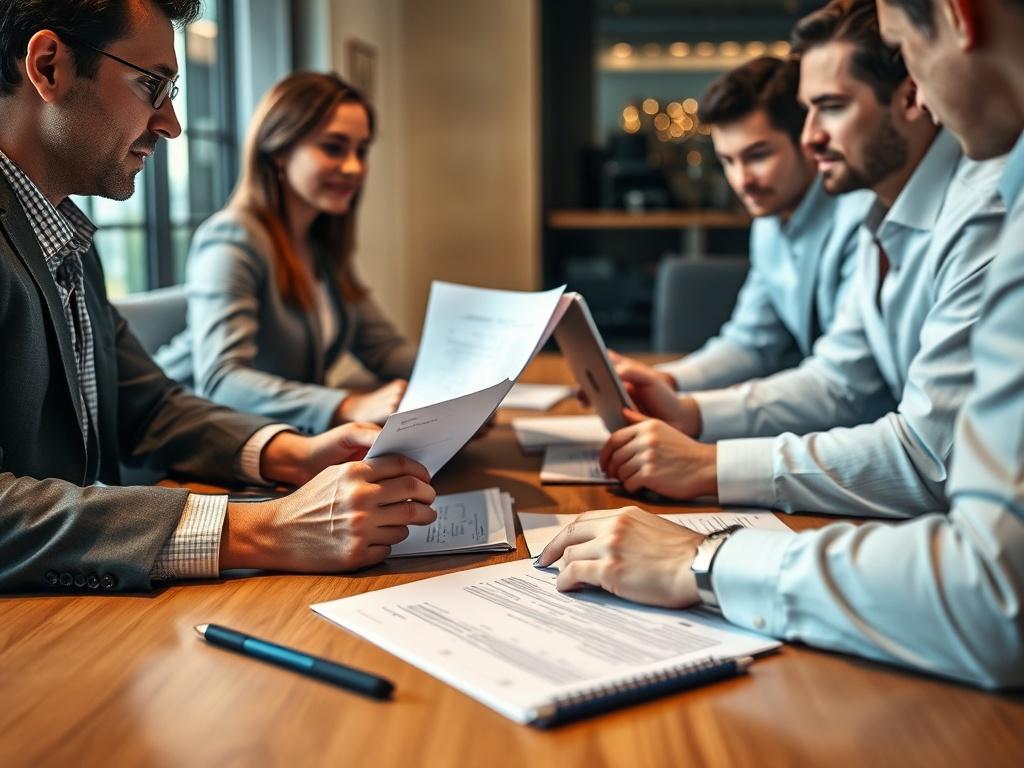 A business meeting scene where professionals are discussing merger opportunities, with documents and laptops open on the table. The atmosphere is collaborative and dynamic, reflecting the strategic nature of mergers and buyouts.