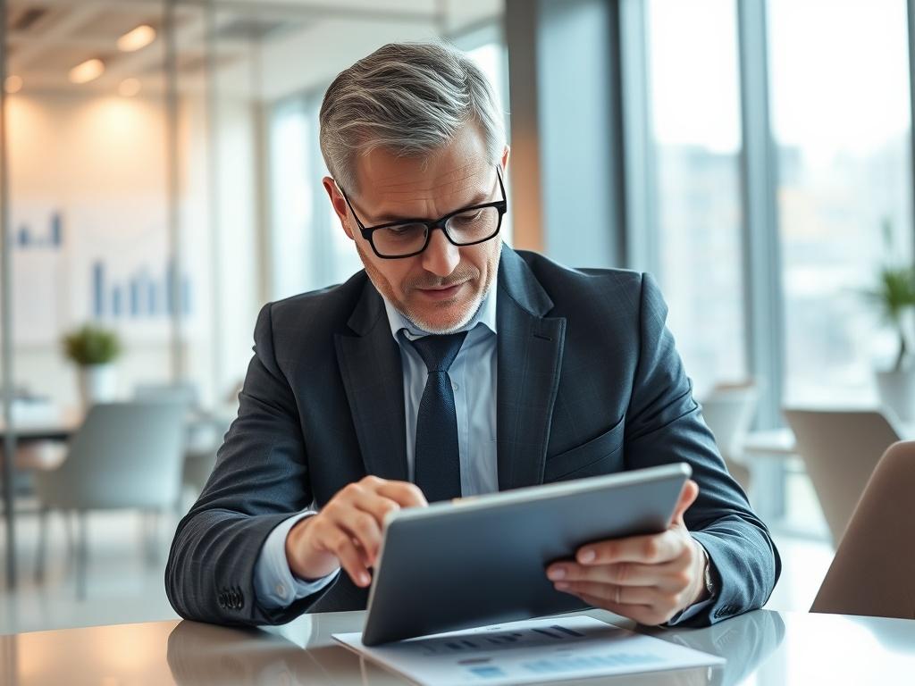 A focused business consultant reviewing financial models on a tablet in a modern office setting, with charts and graphs displayed. The image reflects strategic finance solutions, emphasizing clarity and professionalism in financial planning.