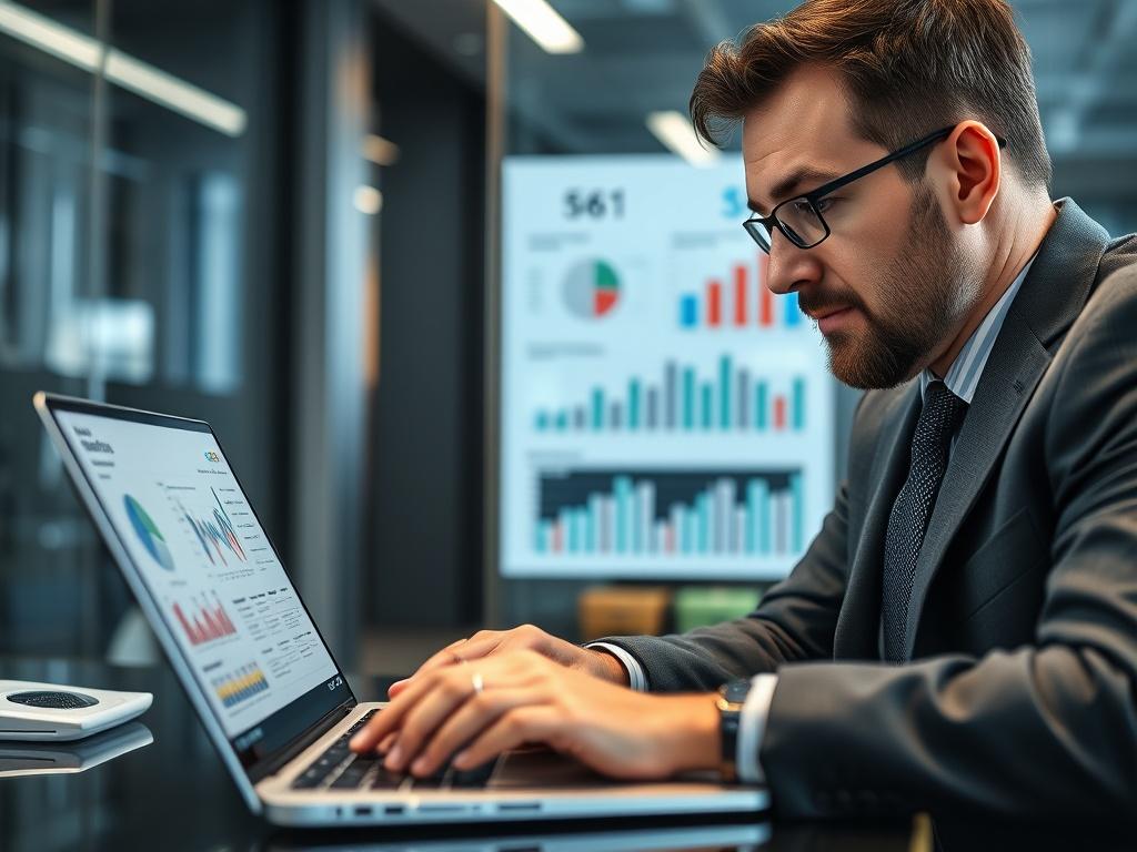 A close-up shot of a business professional analyzing financial reports and market data on a laptop, with a focused expression. The background is a sleek office environment, emphasizing professionalism and strategic planning. The image captures the essence of business sales expertise, showcasing the importance of data-driven decision-making.