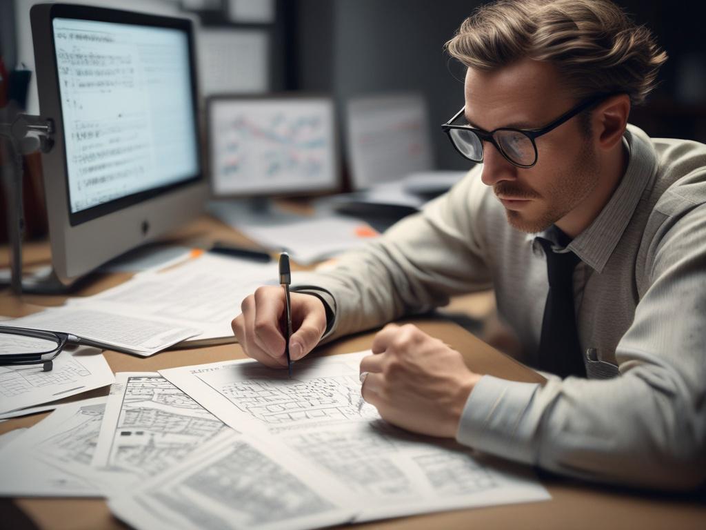 A close-up shot of a researcher analyzing data on a computer screen, surrounded by papers and a notepad filled with notes. The researcher is focused, wearing glasses, with a modern office environment in soft focus in the background. The ambiance features a subtle incorporation of rgb(50, 170, 39), creating a vibrant yet professional atmosphere.
