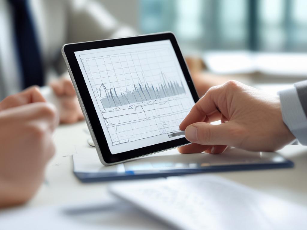 A close-up shot of a business professional analyzing a financial graph on a digital tablet, set against a sleek office background with soft lighting. The subject is focused and engaged, wearing business attire, with a blurred city skyline visible through a large window in the background. The overall color tone incorporates shades of rgb(50, 170, 39) for a fresh and modern look.