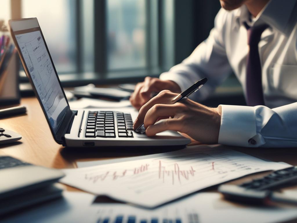A close-up shot of a financial analyst at work, surrounded by charts and documents, with a calculator and laptop open on the desk. The analyst is intently reviewing a report, dressed in professional attire. The office setting is modern and organized, with a hint of greenery in the background to match the rgb(50, 170, 39) color scheme.