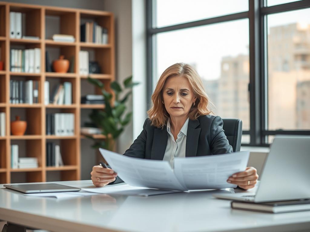 **AI Image Generation Prompt:**

Create a realistic, high-resolution photo that encapsulates the essence of eCommerce mergers and acquisitions, specifically designed for a blog titled "Ecommerce M&A: A Founder’s Guide to Selling a D2C or Online Brand." The composition should be simple and clear, featuring a single subject in focus—a poised entrepreneur sitting at a modern desk in a well-lit office environment. 

The entrepreneur, a middle-aged Caucasian woman, should appear confident yet approachable, dress