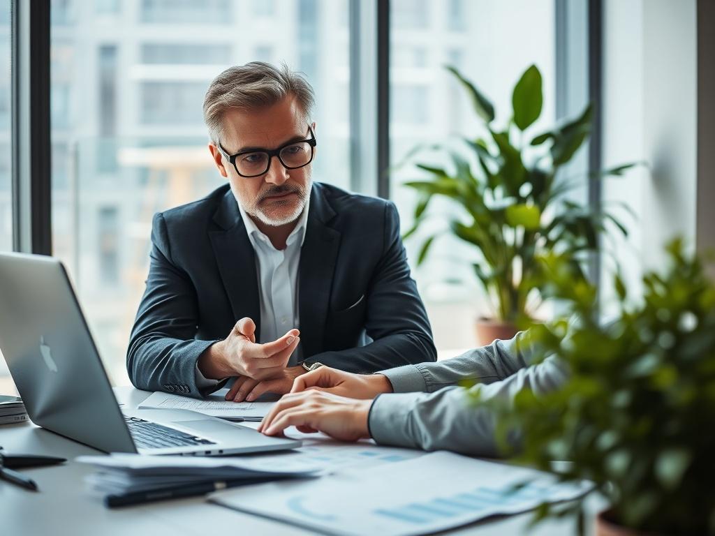 A close-up shot of a financial consultant analyzing data on a laptop with various financial documents spread out on a desk. The consultant wears glasses and has a focused expression, conveying professionalism and expertise. The background includes a large window with natural light streaming in, and a lush green plant adds a touch of life to the modern office environment.