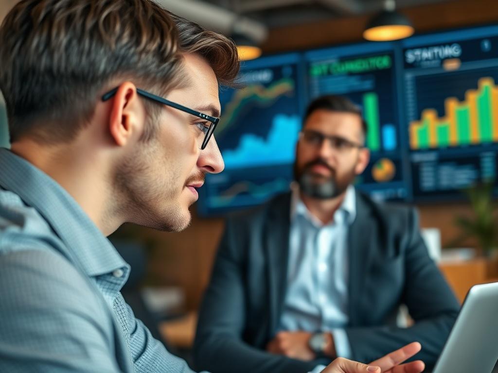 A close-up shot of a confident business consultant discussing strategies with an entrepreneur in an office setting, with charts and graphs on a digital screen in the background. The focus is on the consultant's engaged expression, reflecting expertise and insight. The office has a modern design, incorporating a blend of warm and cool colors, with soft lighting to create an inviting atmosphere.