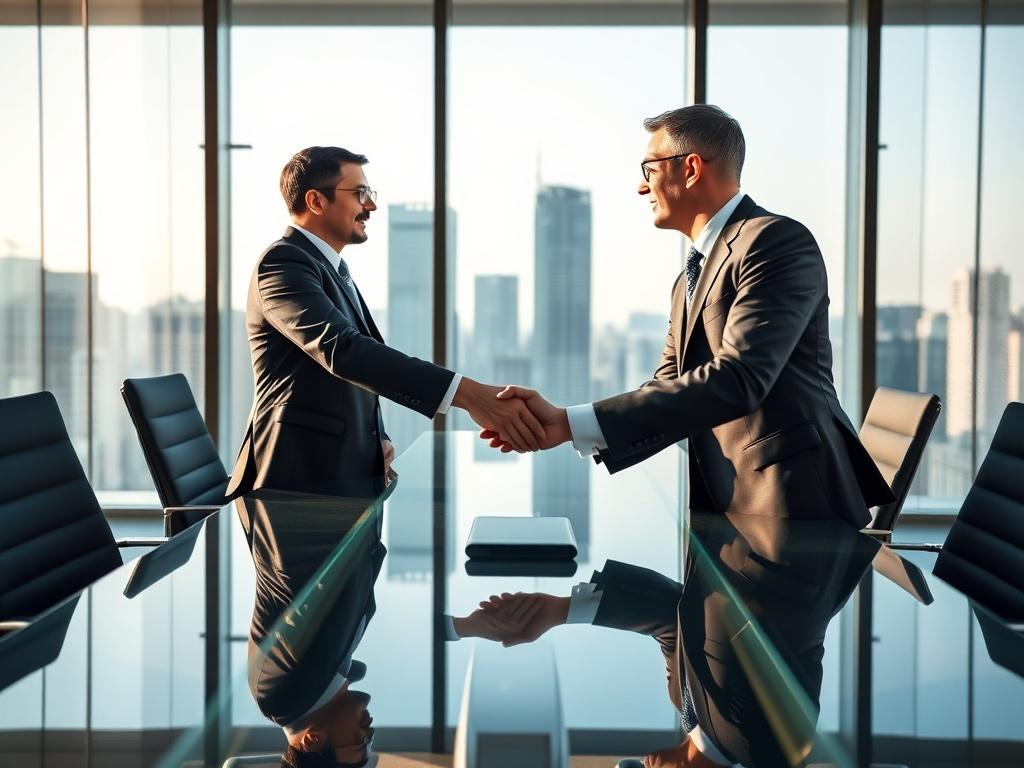 A close-up shot of two business leaders shaking hands in a modern conference room, symbolizing a successful merger. The room features a sleek design with a large glass table and city skyline visible through the windows. The handshake is the focal point, conveying trust and partnership. The lighting is bright and professional, enhancing the positive atmosphere of collaboration.