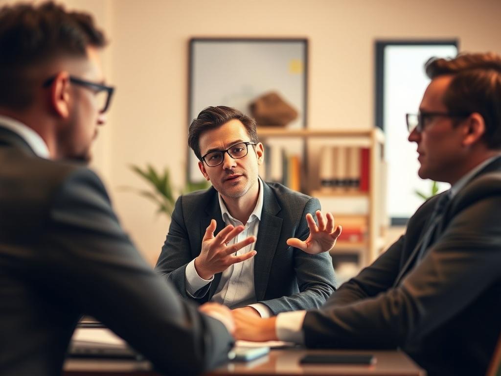 Create a realistic high-resolution photo that reflects the theme of "Maximize Your eCommerce Business Value." The composition should feature a single, focused subject: a knowledgeable business consultant engaged in a discussion with a client. The consultant should be depicted as mid-30s and gender-neutral, wearing a smart-casual outfit, and animatedly explaining strategies with gestures.

In the background, use an office setting that exudes professionalism, incorporating elements like a well-organized desk,