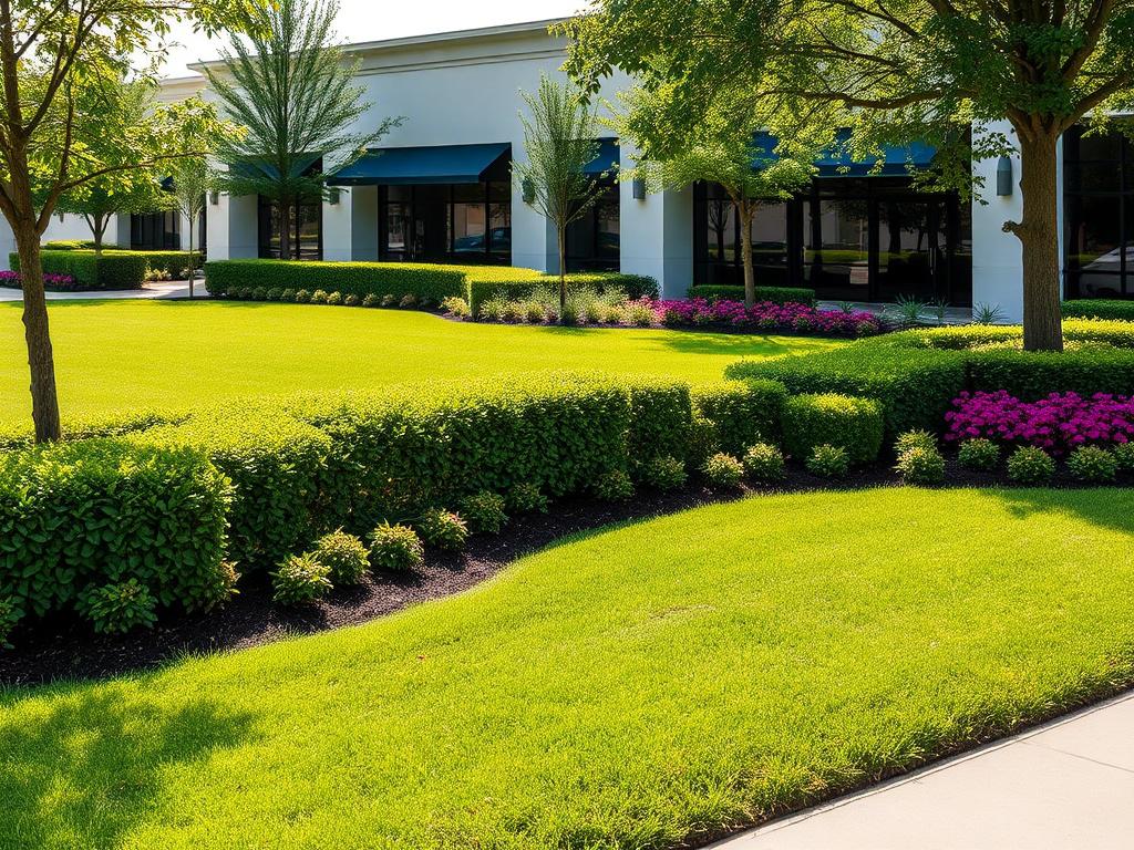 A high-resolution image showcasing a vibrant, well-maintained commercial lawn in Winter Park. The scene features lush green grass, neatly trimmed hedges, and colorful flower beds, all set against a backdrop of a professional-looking commercial building. The lighting is natural and warm, highlighting the earthy tones and textures of the landscape. The composition is simple and clear, emphasizing the beauty of the lawn and its surroundings.