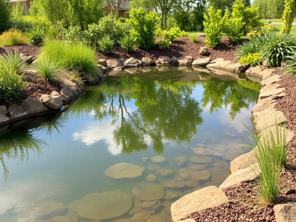 A serene and well-maintained retention pond surrounded by lush greenery and natural landscaping. The foreground features clear water reflecting the sky, while the background shows healthy plants and trees. The scene conveys a sense of tranquility and balance, highlighting the beauty of a clean and functional stormwater management area. The colors are vibrant and earthy, with natural textures that evoke a grounded aesthetic.