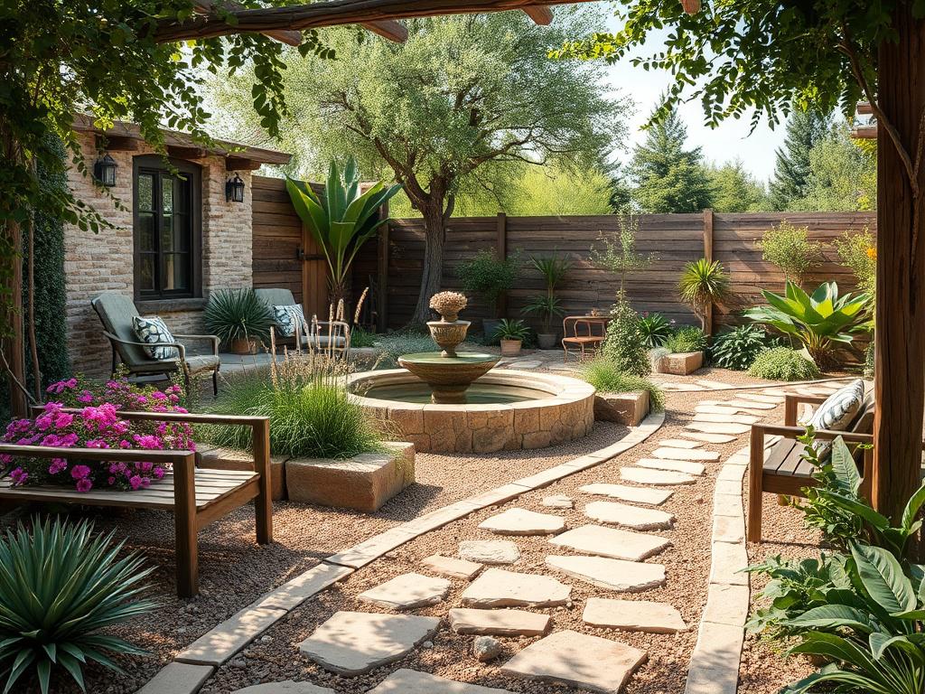 A beautifully designed landscape featuring a mix of greenery, flowers,