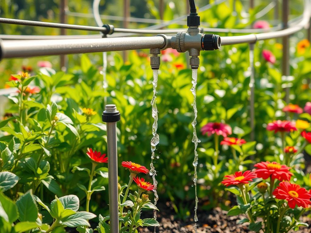A modern irrigation system installed in a lush garden, showcasing