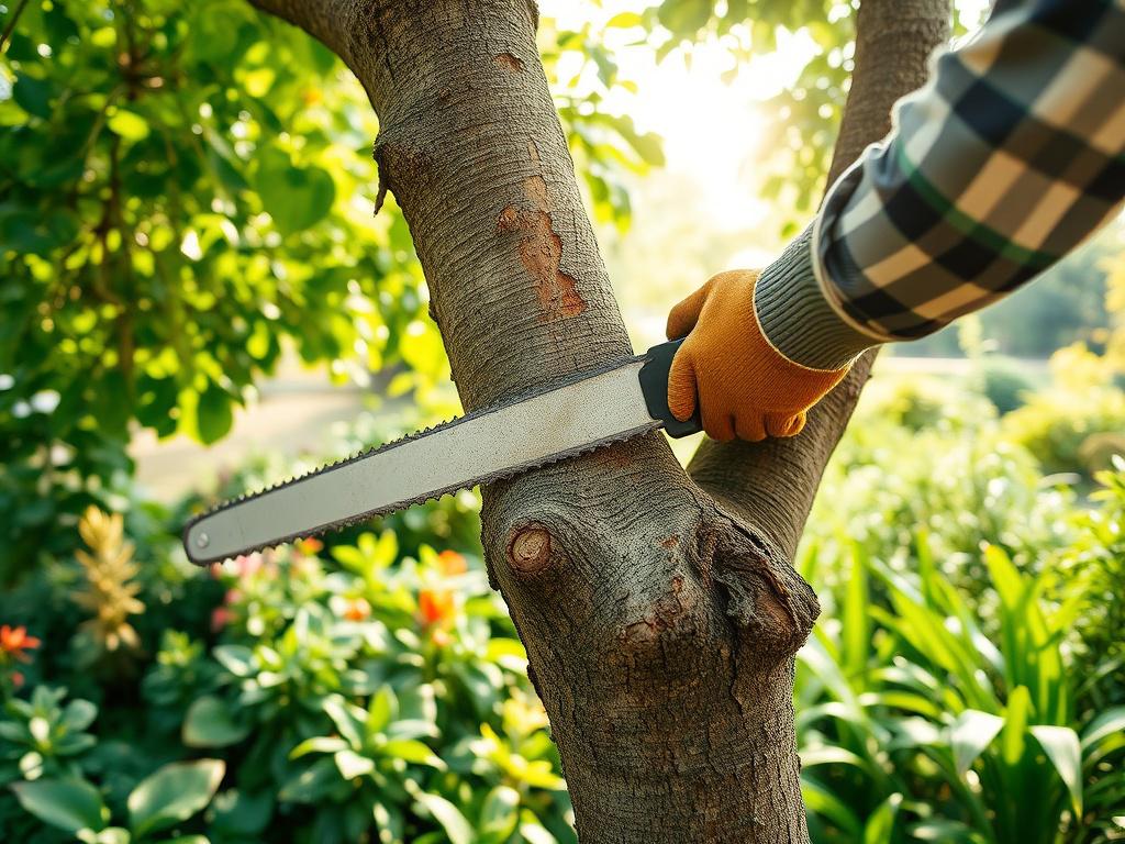 A close-up view of a professional tree trimmer using a saw to carefully trim a large, healthy tree. The focus should be on the trimmer's hands, showcasing the precision of the cut. The background should be a lush green garden filled with various plants and soft sunlight filtering through the leaves, creating a warm and inviting atmosphere. The overall tone should reflect earthy textures and natural colors, emphasizing the beauty of a well-maintained landscape.