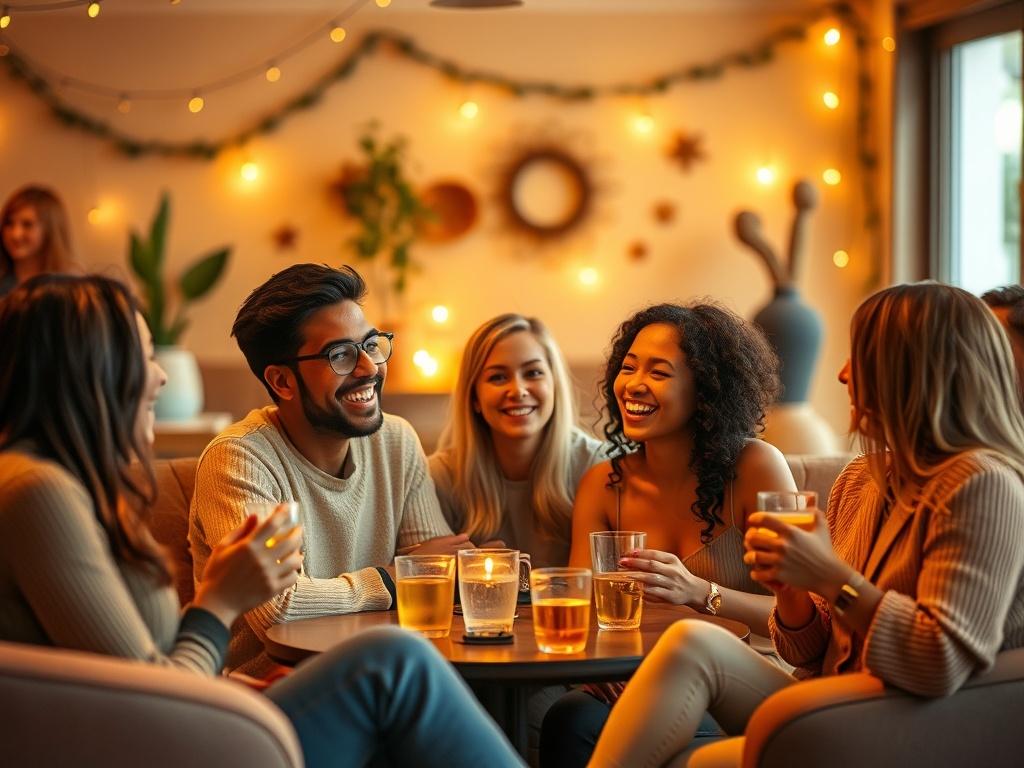 A cozy, inviting social gathering scene featuring a diverse group