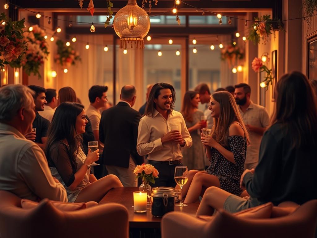 A cozy social mixer event with singles mingling in a