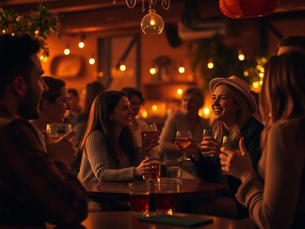 A cozy indoor social gathering with singles enjoying drinks, warm