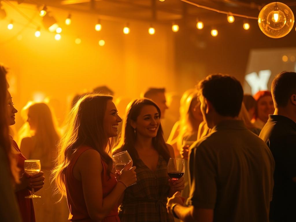 A welcoming social event with singles mingling, soft lighting creating
