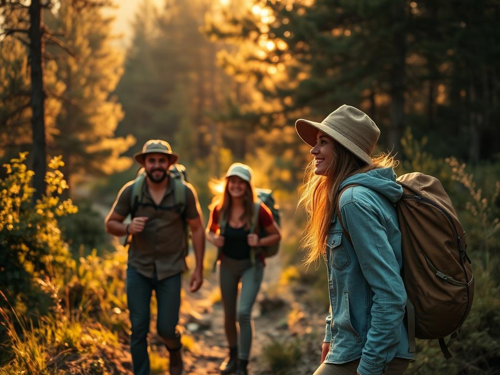 A picturesque outdoor scene with singles hiking in nature, surrounded