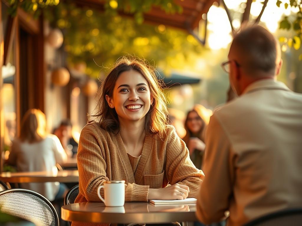 Create a realistic high-resolution photo capturing the essence of in-person connections among singles, inspired by the theme "Making Meaningful Connections Beyond the Apps." The composition should focus on one single subject, a smiling person sitting at an outdoor café table, engaged in a conversation with someone off-camera. The individual is in their late twenties to early thirties, with warm, approachable features, dressed casually but stylishly in a cozy, golden-tinted outfit that reflects an inviting a