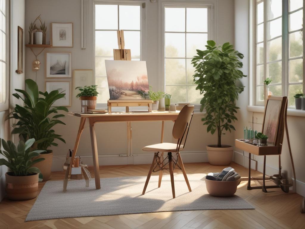 A serene and inviting workspace featuring an artist's easel with