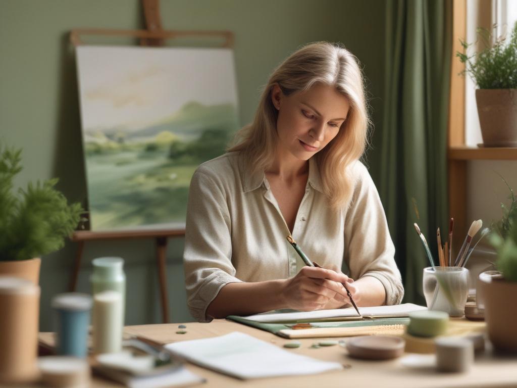 A serene workshop setting with an artist painting on a