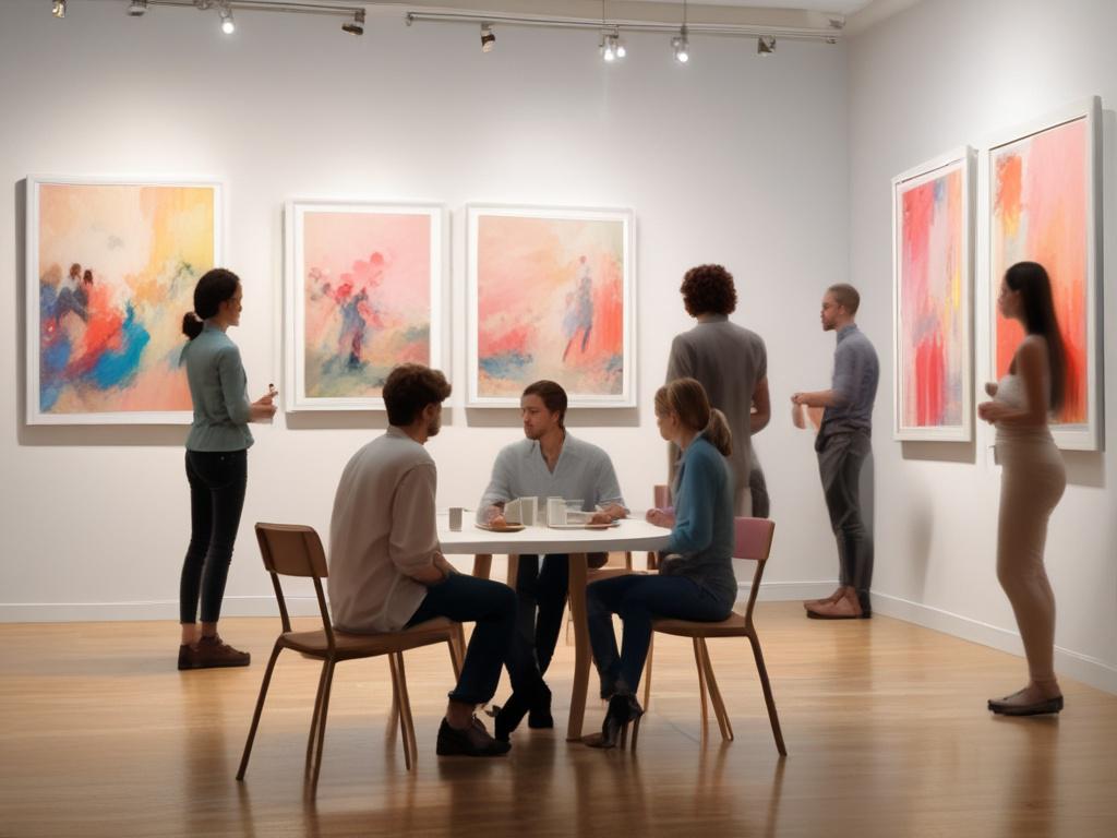 An elegant art exhibition space featuring various artworks displayed on