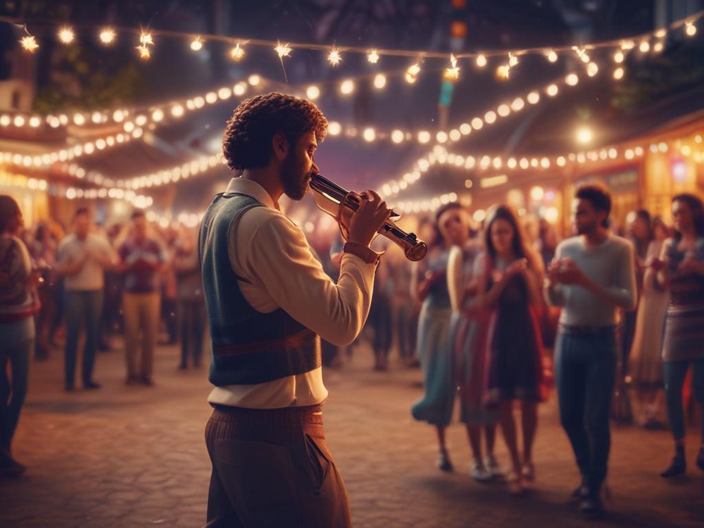 A lively cultural event scene featuring a diverse crowd enjoying