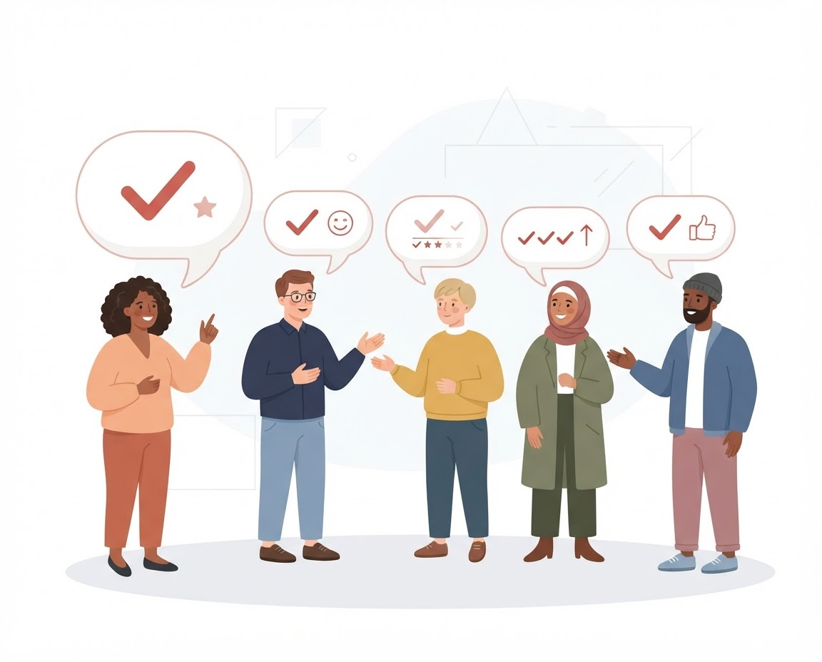 Illustration of customers sharing feedback through conversation bubbles and check marks