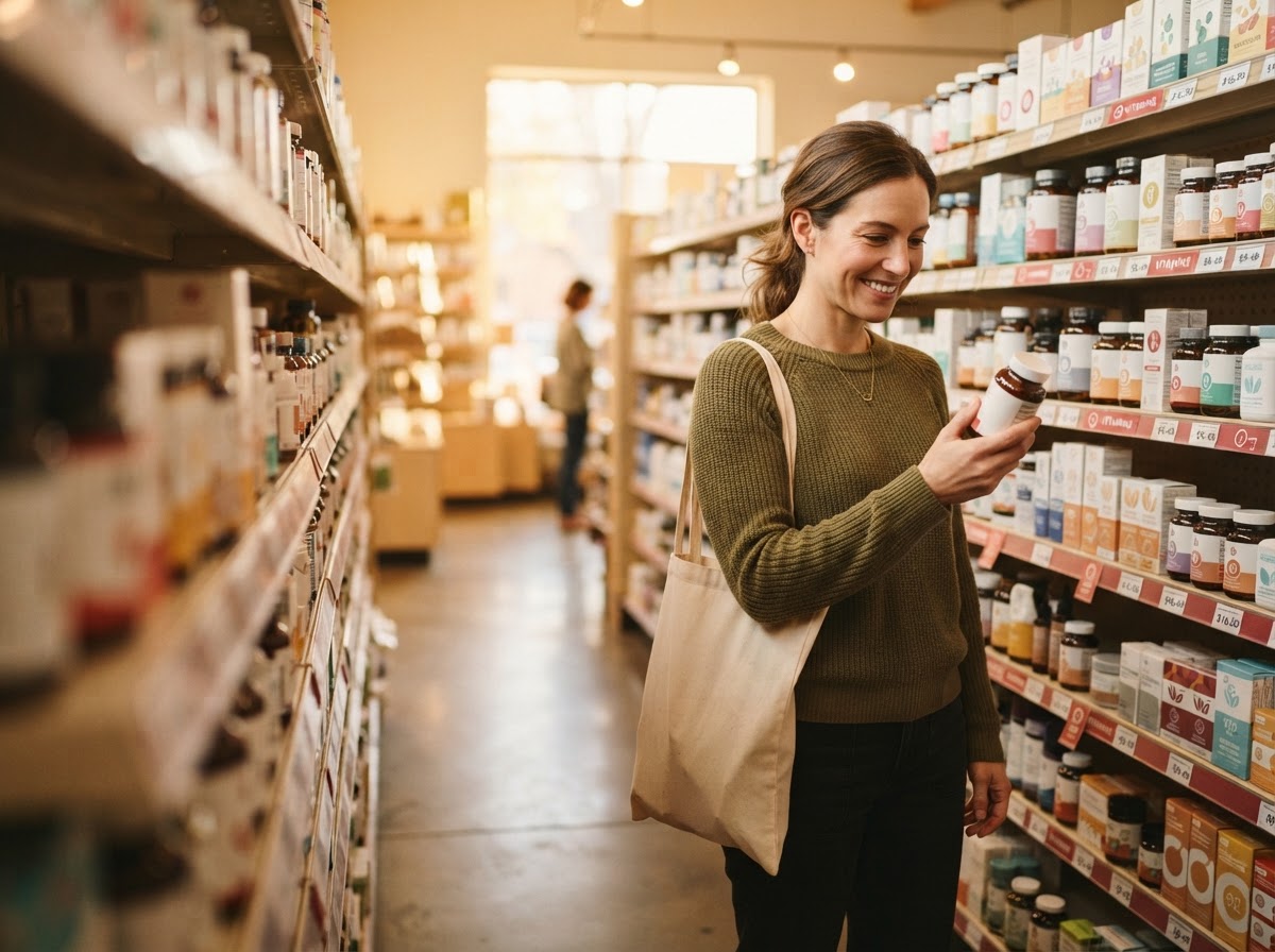 Shopper browsing wellness and personal care products in a bright pharmacy aisle